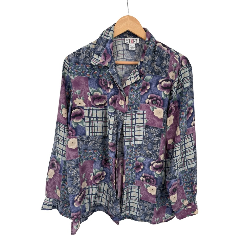 Vintage Stunt Silk Blouse Womens M Floral Patchwork Cottage Luxury Old Money